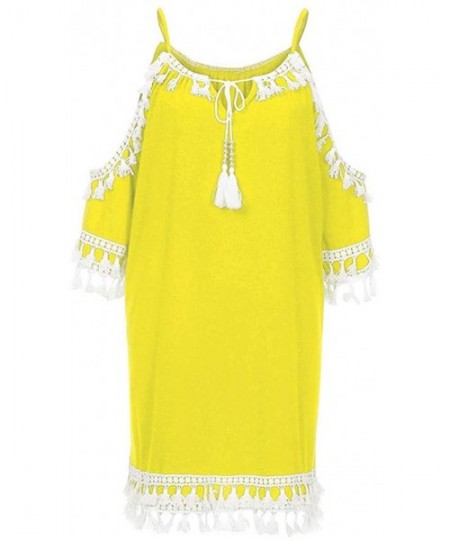 One-Pieces Women Off Shoulder Dress Tassel Short Cocktail Party Beach Dress Sundress - Yellow-1 - CJ18TOT3ZNW