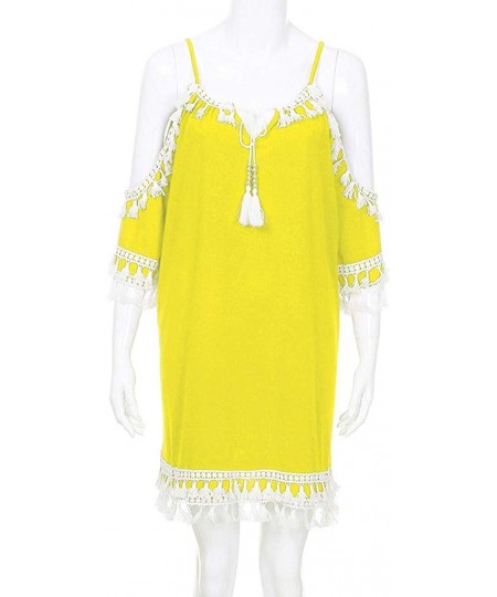 One-Pieces Women Off Shoulder Dress Tassel Short Cocktail Party Beach Dress Sundress - Yellow-1 - CJ18TOT3ZNW