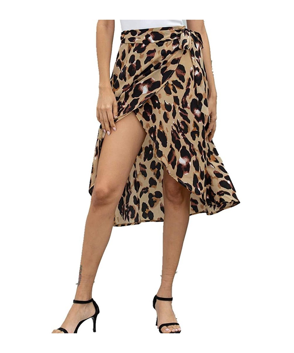 Cover-Ups Womens Leopard Skirt Beach Cover Up Wraps Skirt Chiffon Swimsuit Midi Wrap Skirts - Coffee - CZ196RIG8EH