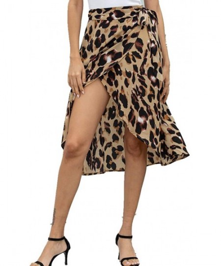 Cover-Ups Womens Leopard Skirt Beach Cover Up Wraps Skirt Chiffon Swimsuit Midi Wrap Skirts - Coffee - CZ196RIG8EH