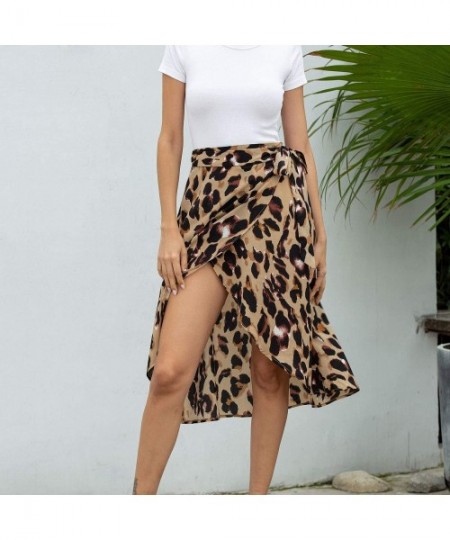 Cover-Ups Womens Leopard Skirt Beach Cover Up Wraps Skirt Chiffon Swimsuit Midi Wrap Skirts - Coffee - CZ196RIG8EH