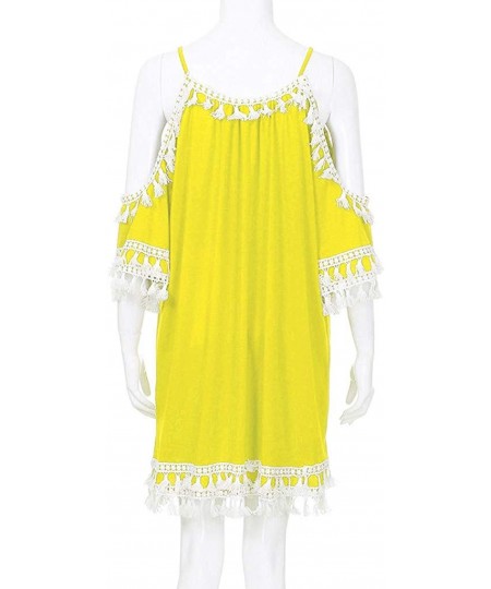 One-Pieces Women Off Shoulder Dress Tassel Short Cocktail Party Beach Dress Sundress - Yellow-1 - CJ18TOT3ZNW