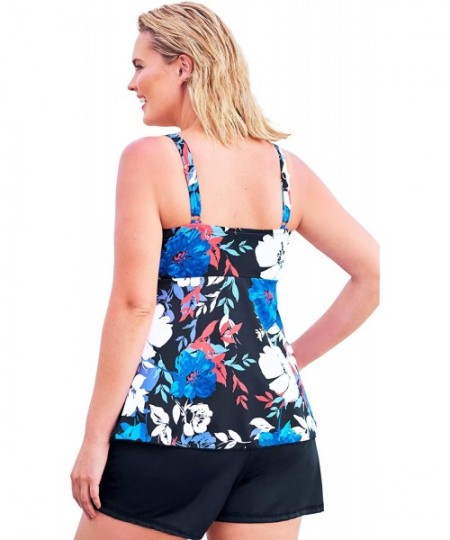 Tankinis Women's Plus Size Flyaway Tankini Top with Bust Support - Blue Graphic Peony (1838) - CI195SHC0ZK