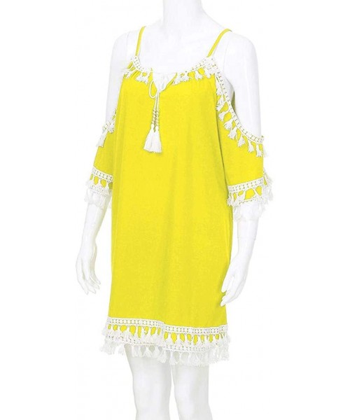 One-Pieces Women Off Shoulder Dress Tassel Short Cocktail Party Beach Dress Sundress - Yellow-1 - CJ18TOT3ZNW