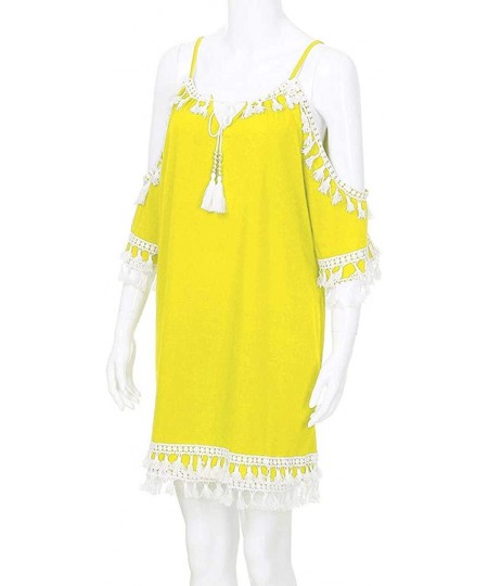 One-Pieces Women Off Shoulder Dress Tassel Short Cocktail Party Beach Dress Sundress - Yellow-1 - CJ18TOT3ZNW