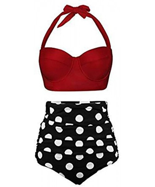 Sets Women Bikini Sets Two Piece Vintage Polka Dot High Waisted Tiered Swimsuit Bathing Suits Swimwear - Z-2 Red - C818THACNZ2