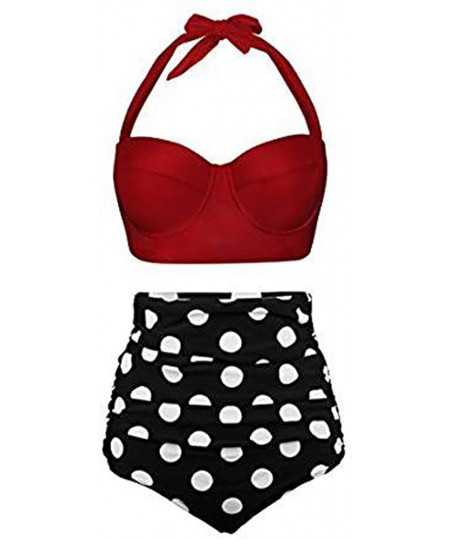 Sets Women Bikini Sets Two Piece Vintage Polka Dot High Waisted Tiered Swimsuit Bathing Suits Swimwear - Z-2 Red - C818THACNZ2