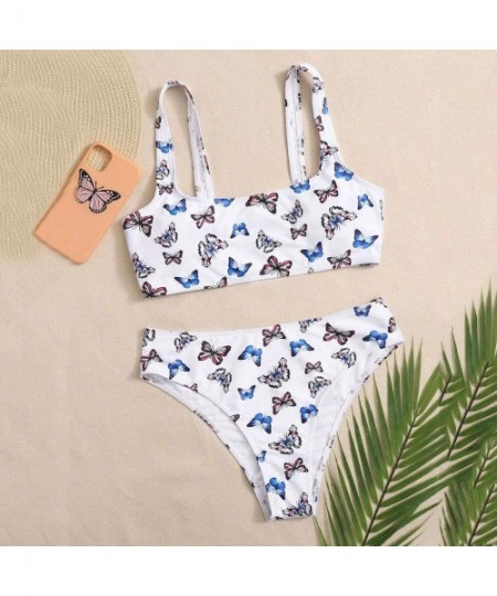 Sets Butterfly Bikini for Women- High Waist 2 Pieces Swimwear Printe Swimsuit Beachwear - White - CV190Z273L2