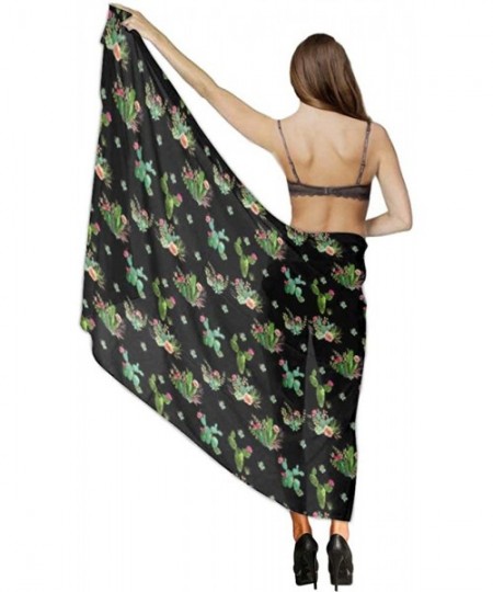 Cover-Ups Women Luxury Chiffon Swimwear Cover Up- Oversize Beach Sarong Shawl Wrap - Western Cactus Flowers Black - CO19C4U6UDX