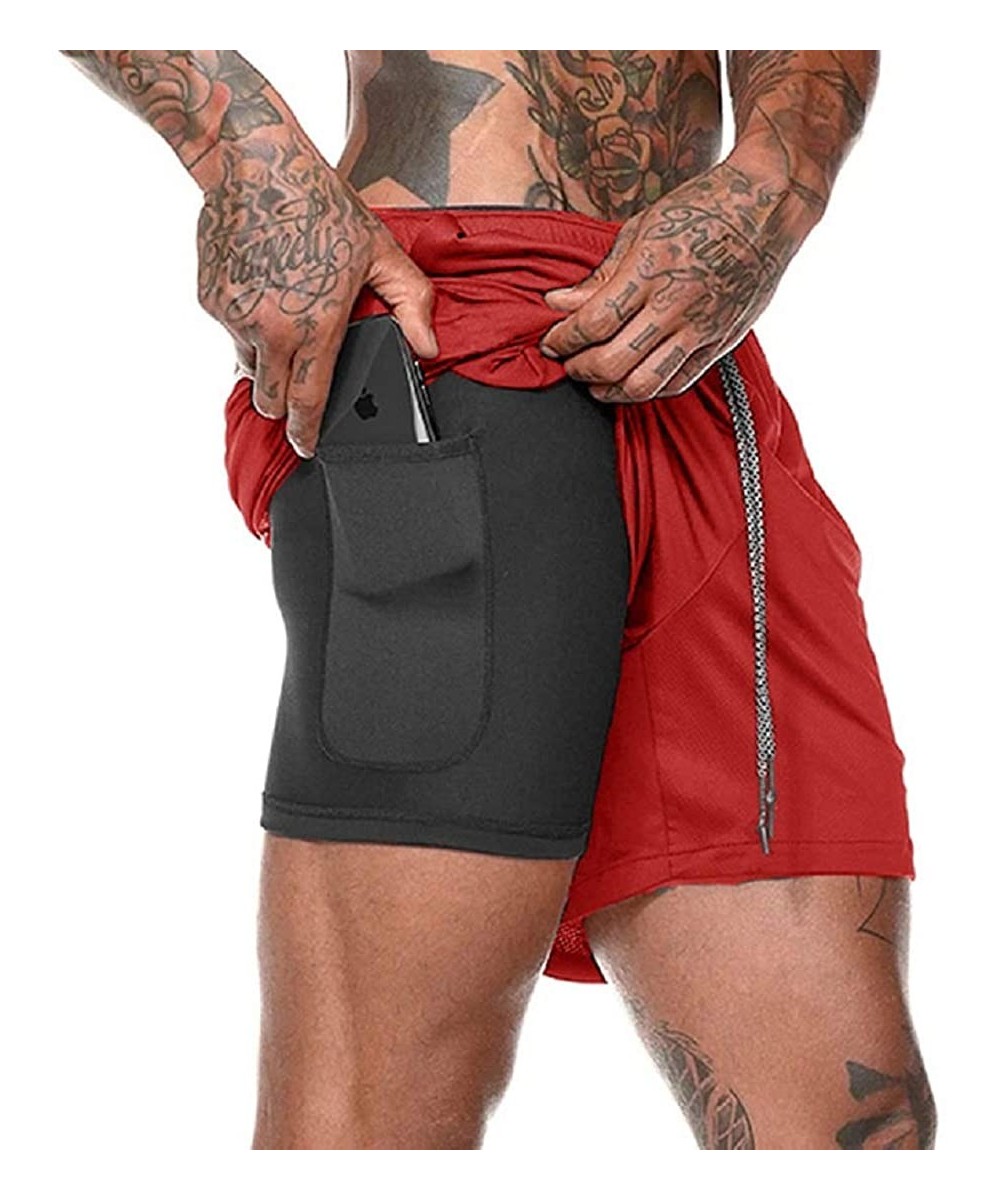 Racing Men Workout Gym Running Shorts Training with Inner Compression Quick Dry - Red-b - CC199ONRX03