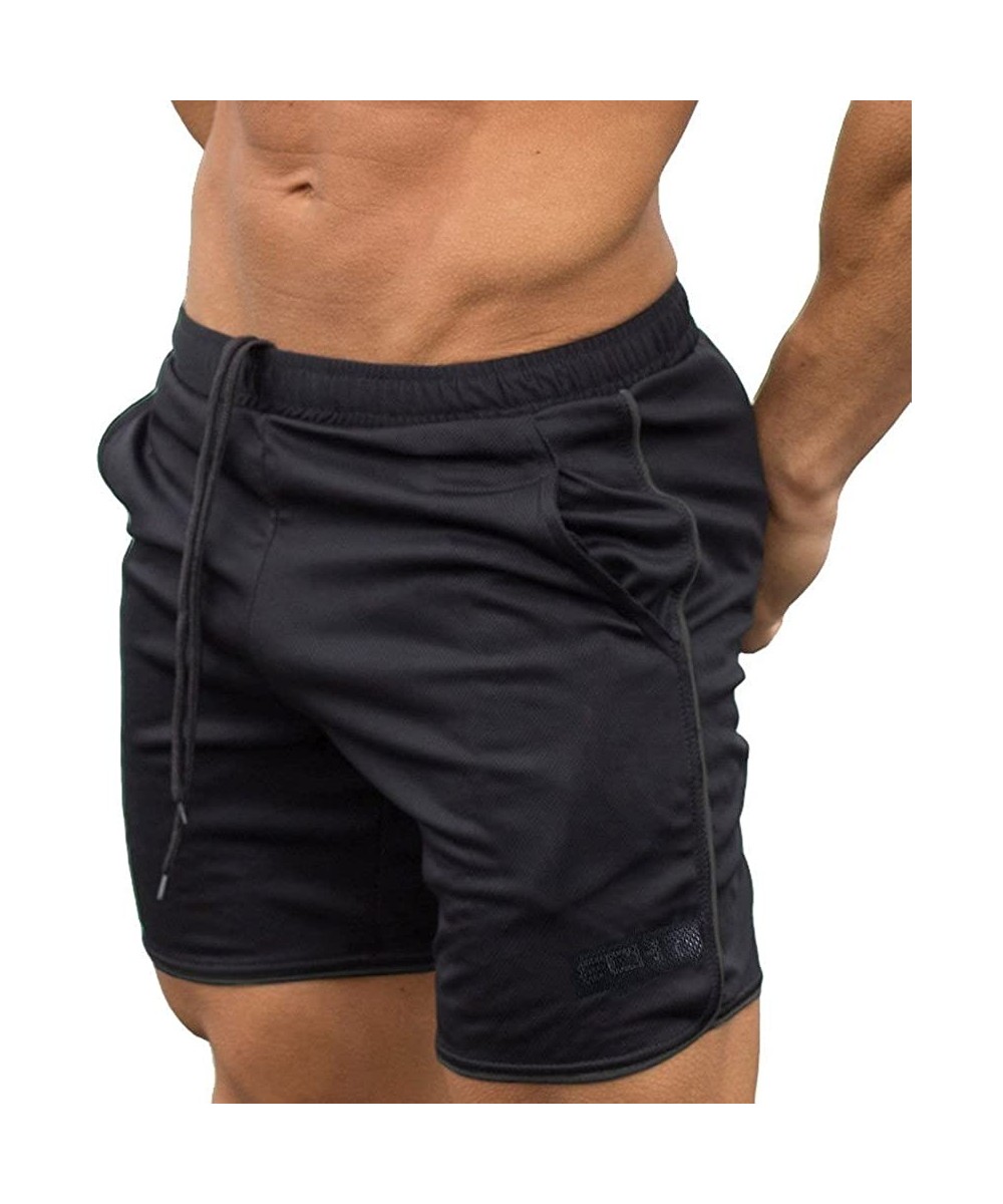 Racing Men's Gym Fitness Workout Shorts Bodybuilding Running Jogging Short Pants Sweat Shorts with Pockets - Black - CV196T2ZN4L