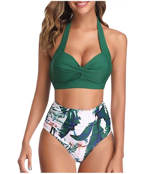 Tops Women High Waist Bikini Push Up Bikinis Print Swimsuit Female Beachwear Swimwear - V-dark Green - CA1962GMCAK