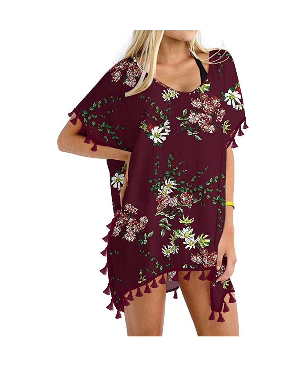 Cover-Ups Women's Chiffon Swimsuit Beach Bathing Suit Cover Ups for Swimwear - Flower Wine Red - CB194UYHREM