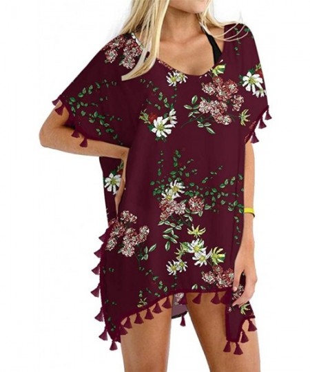 Cover-Ups Women's Chiffon Swimsuit Beach Bathing Suit Cover Ups for Swimwear - Flower Wine Red - CB194UYHREM