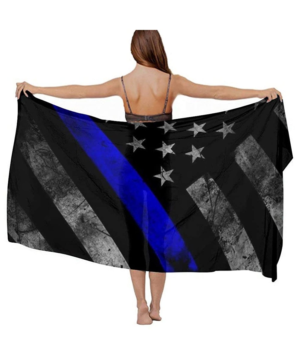 Cover-Ups Women Girl Fashion Chiffon Scarf Bikini Cover Up Summer Beach Sarong Wrap - Blue Line American Flag Black - C619C6N...