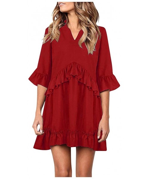 Cover-Ups Dresses for Women Casual Fall Women Summer Tunic Dress V Neck 3/4 Sleeve Casual Loose Flowy Swing Shift Dresses Red...