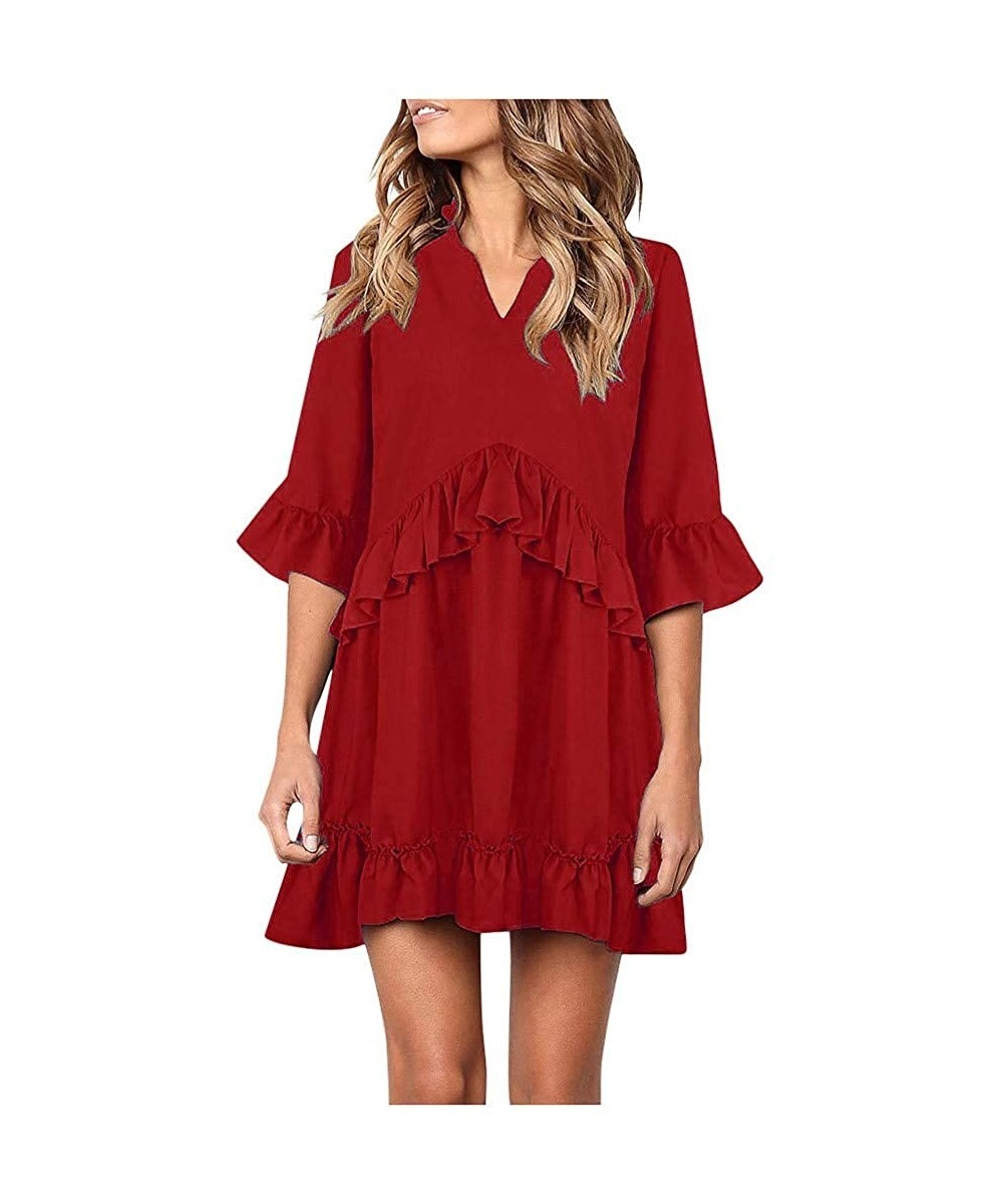 Cover-Ups Dresses for Women Casual Fall Women Summer Tunic Dress V Neck 3/4 Sleeve Casual Loose Flowy Swing Shift Dresses Red...