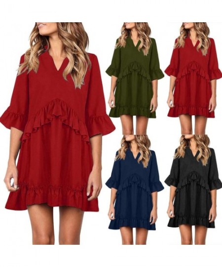 Cover-Ups Dresses for Women Casual Fall Women Summer Tunic Dress V Neck 3/4 Sleeve Casual Loose Flowy Swing Shift Dresses Red...