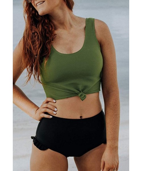 Sets Women's High Waisted Bikini Set Tie Knot Front Crop Top Two Piece Swimsuits - Green Ruffle Bottom - CM18RXR5EA3