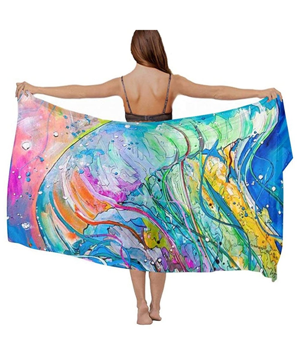 Cover-Ups Women Girls Fashion Chiffon Beach Bikini Cover Up Sunscreen Wrap Scarves Watercolor Colorful Under Sea Ocean Jellyf...