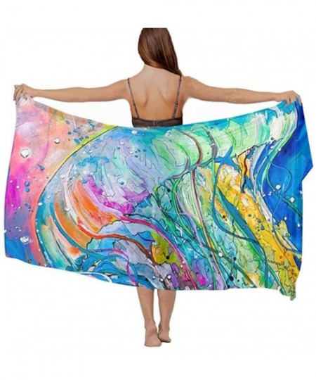 Cover-Ups Women Girls Fashion Chiffon Beach Bikini Cover Up Sunscreen Wrap Scarves Watercolor Colorful Under Sea Ocean Jellyf...