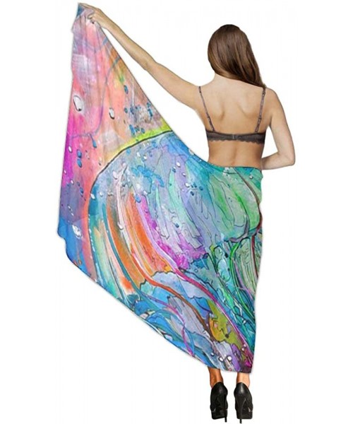 Cover-Ups Women Girls Fashion Chiffon Beach Bikini Cover Up Sunscreen Wrap Scarves Watercolor Colorful Under Sea Ocean Jellyf...