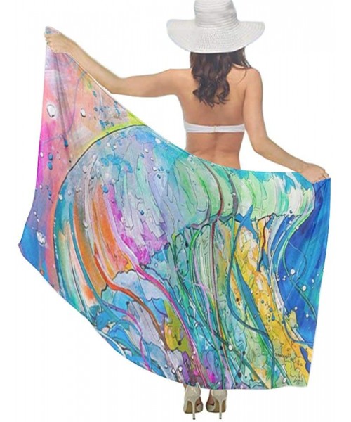 Cover-Ups Women Girls Fashion Chiffon Beach Bikini Cover Up Sunscreen Wrap Scarves Watercolor Colorful Under Sea Ocean Jellyf...