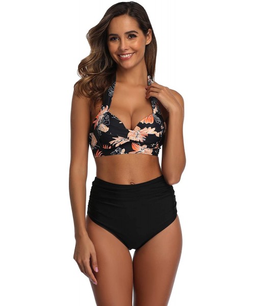 Sets Women Vintage Swimsuit Two Piece Retro Halter Ruched Printed High Waist Bikini Set - Floral Black - CD194LNKKUD