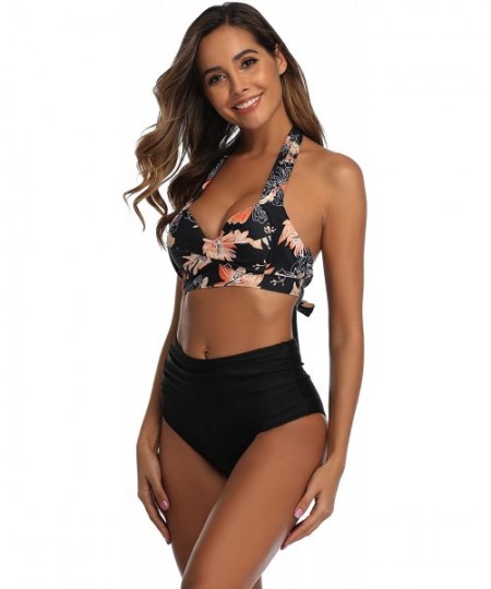 Sets Women Vintage Swimsuit Two Piece Retro Halter Ruched Printed High Waist Bikini Set - Floral Black - CD194LNKKUD