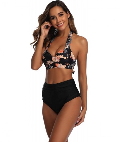 Sets Women Vintage Swimsuit Two Piece Retro Halter Ruched Printed High Waist Bikini Set - Floral Black - CD194LNKKUD