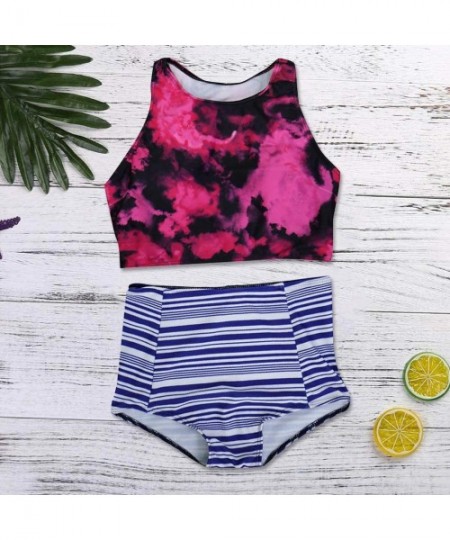 Tankinis Women Tankini Sets Ladies Swimsuits Retro Leaves Floral Print Tops with High Waisted Bottoms Bathing Suits Hot Pink ...