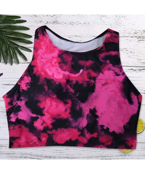 Tankinis Women Tankini Sets Ladies Swimsuits Retro Leaves Floral Print Tops with High Waisted Bottoms Bathing Suits Hot Pink ...