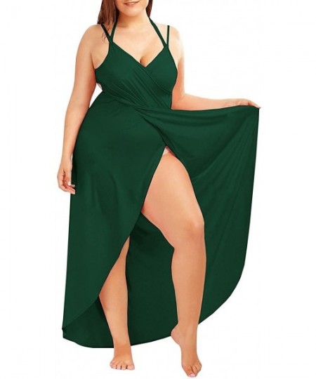 Cover-Ups Womens Plus Size Swim Cover Ups Spaghetti Strap Beach Backless Wrap Long Dress - 2-green - CF18NY096HK