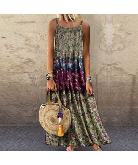 Cover-Ups Womens Dresses Special Occasion Vintage Flower Print Maxi Dress Bohemian Plus Size Dress Sleeveless Dresses Z1 gree...