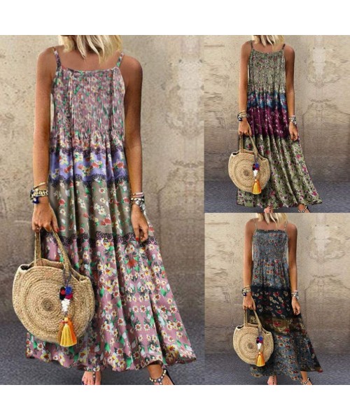 Cover-Ups Womens Dresses Special Occasion Vintage Flower Print Maxi Dress Bohemian Plus Size Dress Sleeveless Dresses Z1 gree...