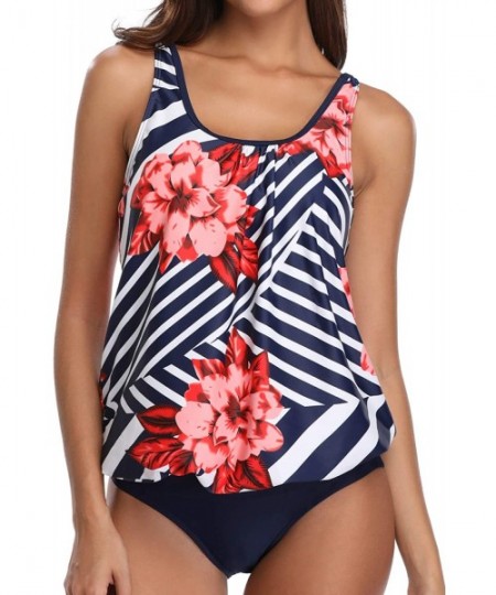 Sets Blouson Tankini Swimsuits for Women Modest Bathing Suits Two Piece Loose Fit Swimwear - Blue Floral - CI195UROO33