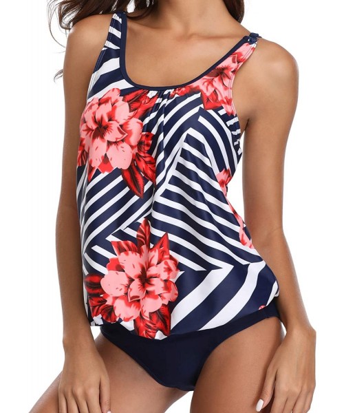 Sets Blouson Tankini Swimsuits for Women Modest Bathing Suits Two Piece Loose Fit Swimwear - Blue Floral - CI195UROO33