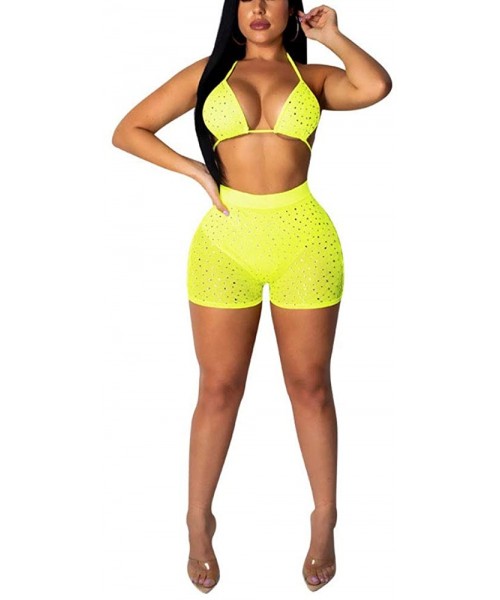 Sets Womens Sexy Two Piece Swimsuit Bathing Suits Sequin Rhinestone Mesh See Through Bikini Set - Yellow - CC18RAQU0ZC