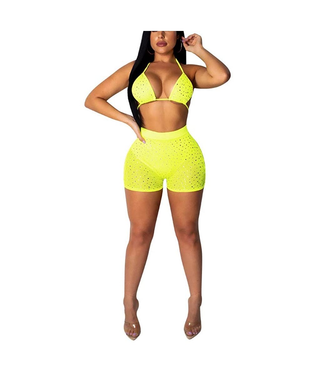 Sets Womens Sexy Two Piece Swimsuit Bathing Suits Sequin Rhinestone Mesh See Through Bikini Set - Yellow - CC18RAQU0ZC