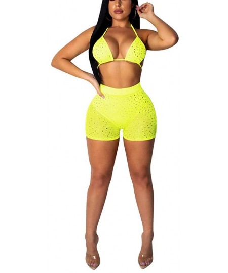 Sets Womens Sexy Two Piece Swimsuit Bathing Suits Sequin Rhinestone Mesh See Through Bikini Set - Yellow - CC18RAQU0ZC