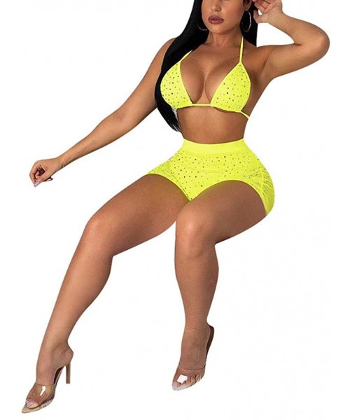 Sets Womens Sexy Two Piece Swimsuit Bathing Suits Sequin Rhinestone Mesh See Through Bikini Set - Yellow - CC18RAQU0ZC