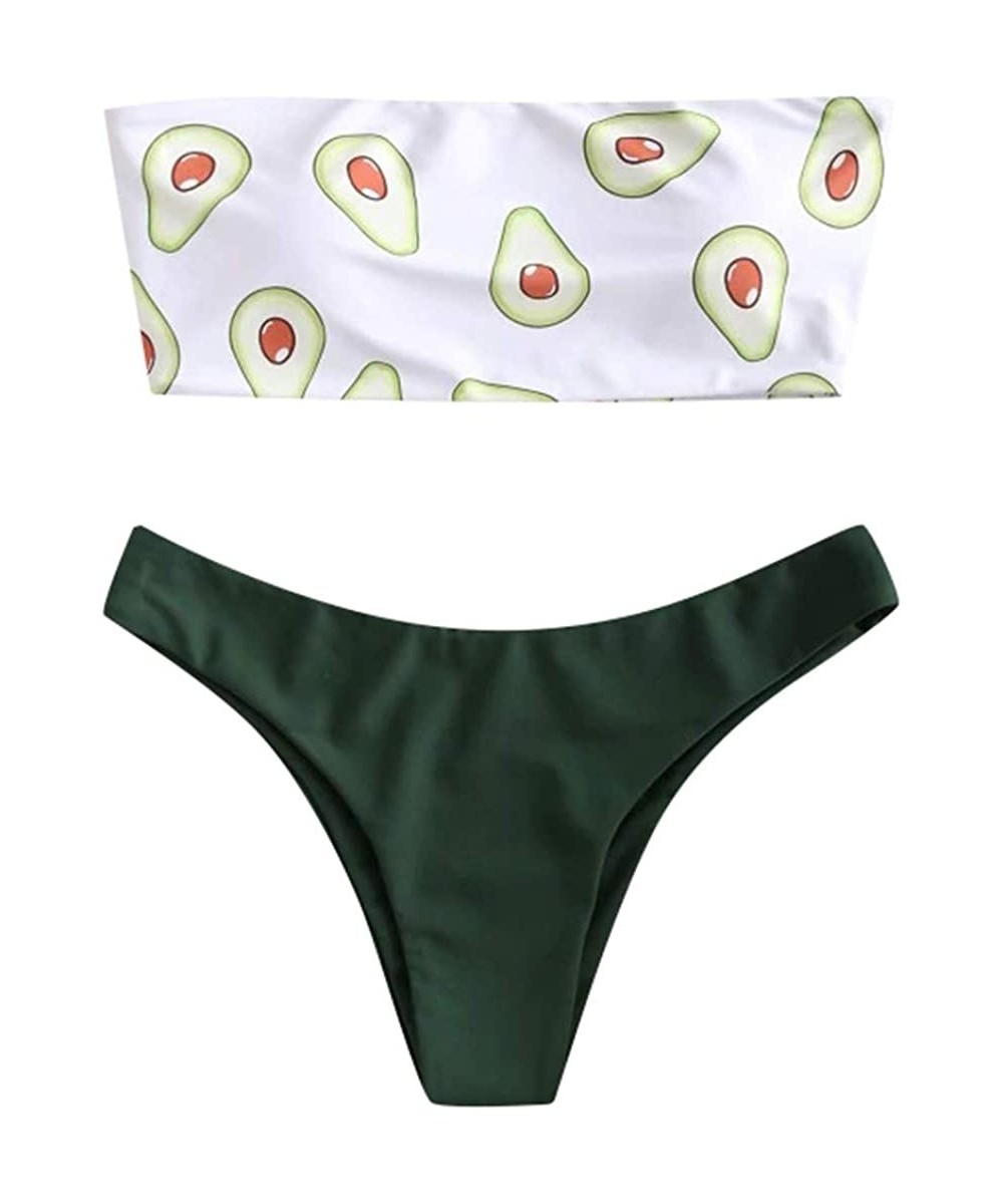 Sets Bathing Suits for Women Fashion Avocado Print Wrap Bra Thong Bikini Swimsuits - CL190NA36Z3