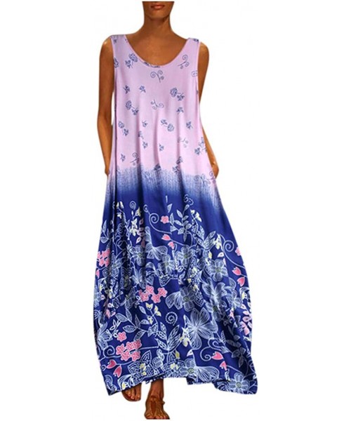 Cover-Ups Women's Sleeveless V-Neck Long Tank Dress Vintage Print Summer Boho Casual Loose Party Maxi Dresses - Z4-blue - CK1...