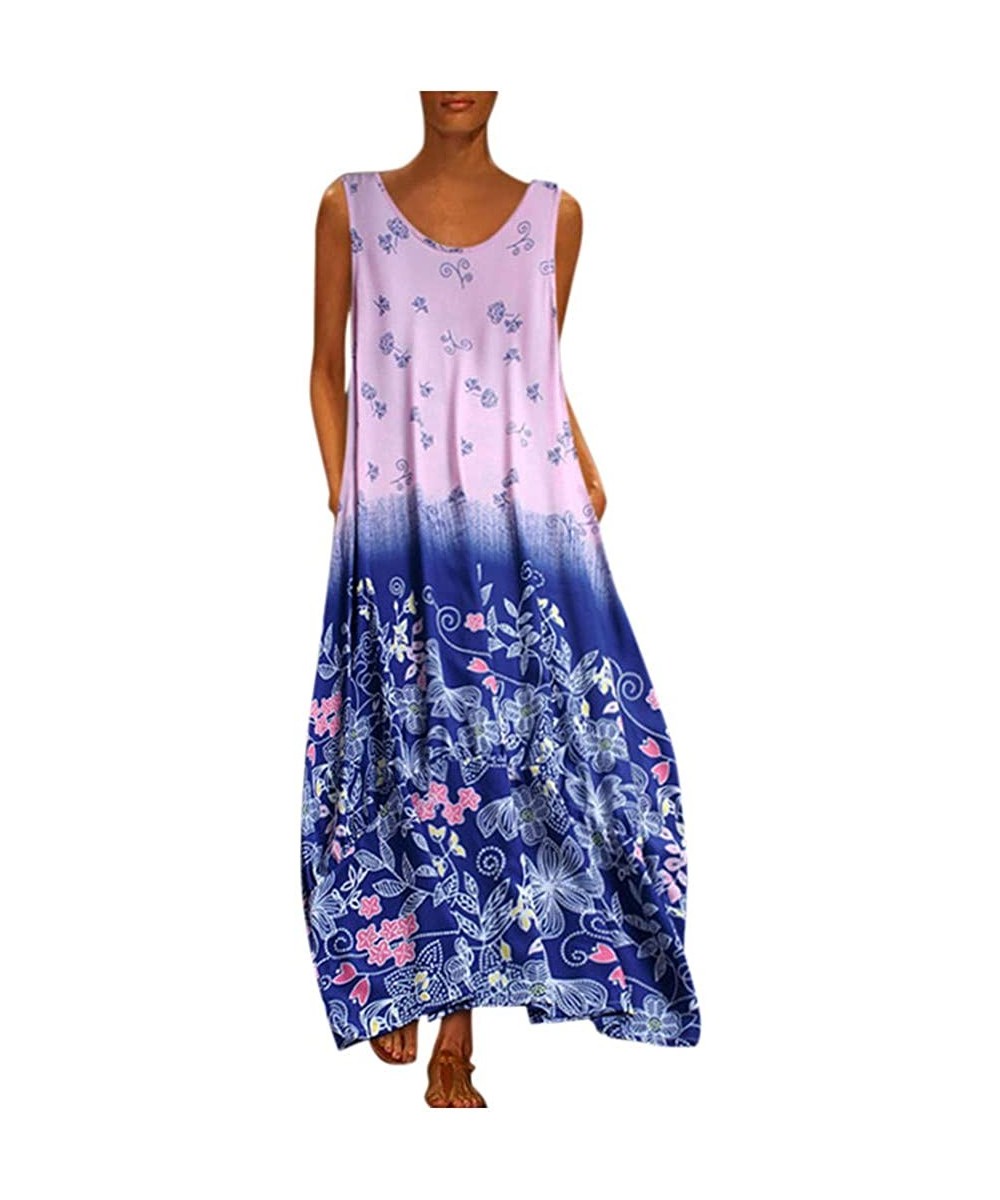 Cover-Ups Women's Sleeveless V-Neck Long Tank Dress Vintage Print Summer Boho Casual Loose Party Maxi Dresses - Z4-blue - CK1...