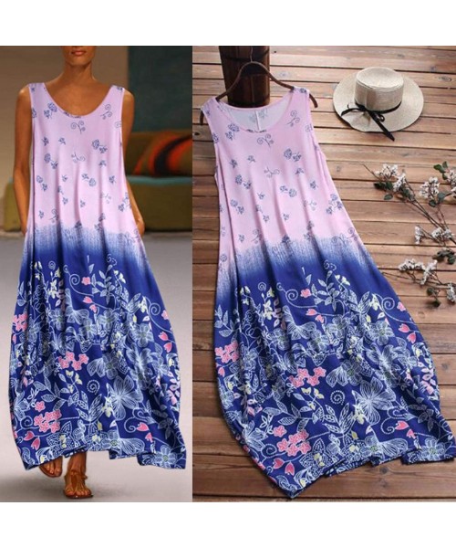 Cover-Ups Women's Sleeveless V-Neck Long Tank Dress Vintage Print Summer Boho Casual Loose Party Maxi Dresses - Z4-blue - CK1...