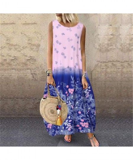 Cover-Ups Women's Sleeveless V-Neck Long Tank Dress Vintage Print Summer Boho Casual Loose Party Maxi Dresses - Z4-blue - CK1...