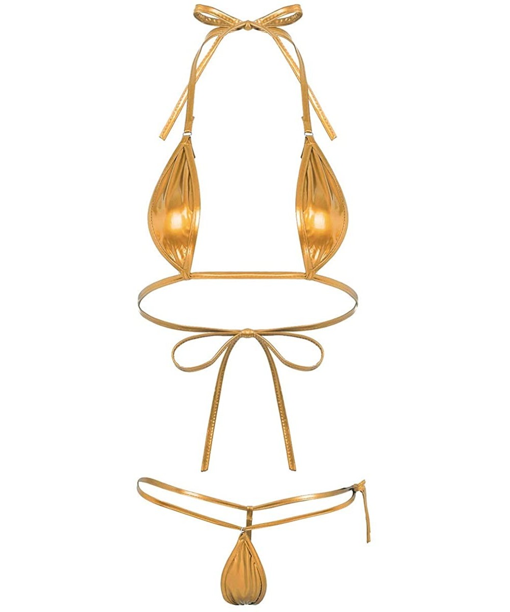 Sets Sexy Women's Metallic Lingerie Set Micro Mini Bikini G-String Thongs Teddy Monokini Swimwear - Gold2pcs - C6198DTH8IO