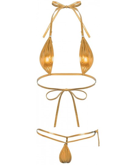 Sets Sexy Women's Metallic Lingerie Set Micro Mini Bikini G-String Thongs Teddy Monokini Swimwear - Gold2pcs - C6198DTH8IO