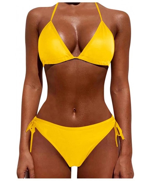 Sets Womens Two Piece Swimsuit Push Up Tankini Sets Plus Size Beachwear Bikini Summer - Yellow - C2196ZE3TMA