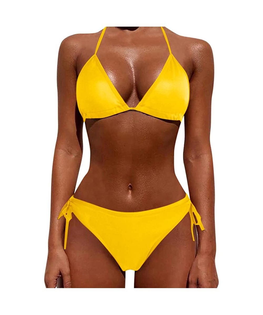 Sets Womens Two Piece Swimsuit Push Up Tankini Sets Plus Size Beachwear Bikini Summer - Yellow - C2196ZE3TMA